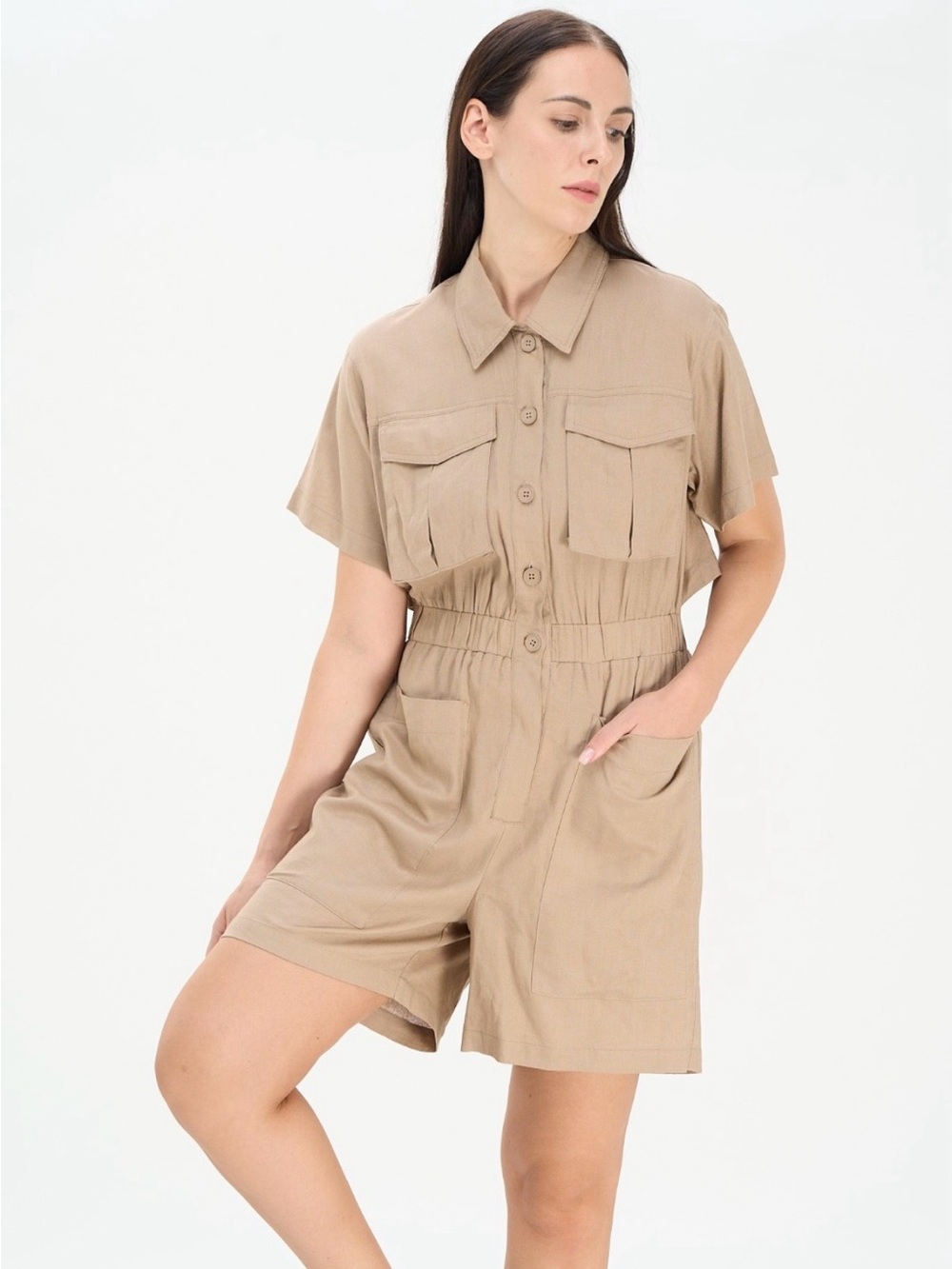 Taupe Chic Utility Button-Down Short Sleeve Romper